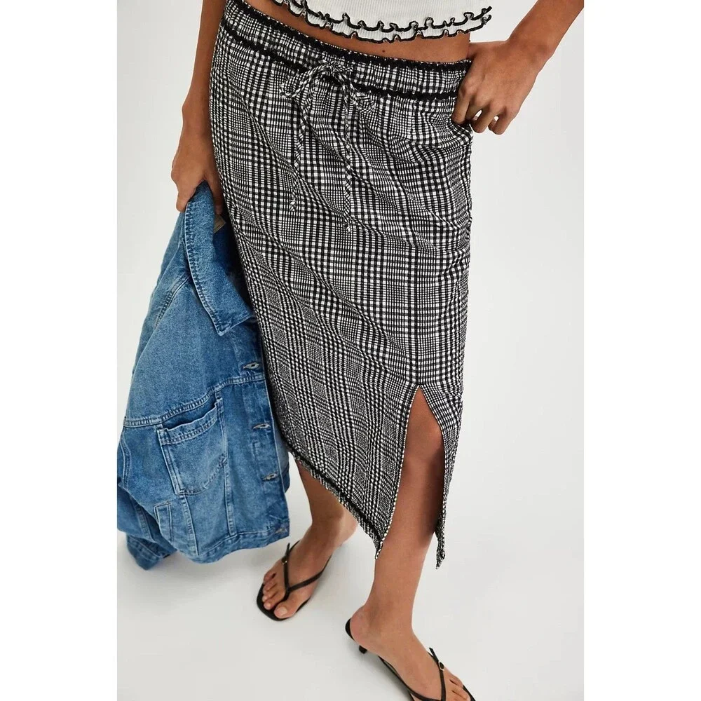 Free People Penelope Gingham Midi Skirt Column Style Mid Rise Cotton M 284712